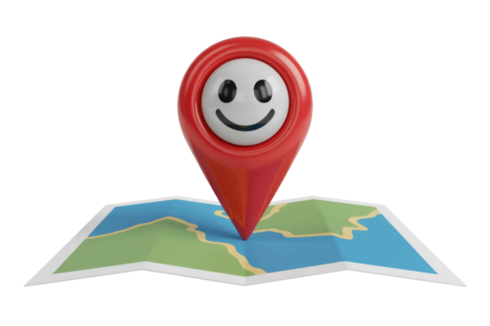 A happy smiley face location marker pin on a folded map, indicating a joyful destination. background removed