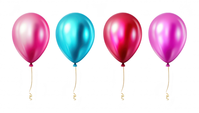 A arrangement of four glossy balloons in pink. blue. red. and purple colors. floating against a clean white background. ideal for festive occasions and celebrations