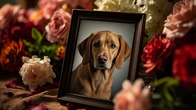 Flowers and a photo frame with a dog 