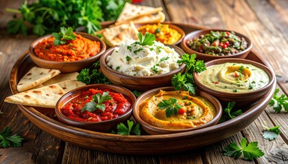 Assorted middle eastern dips served with pita bread on a wooden platter indoors