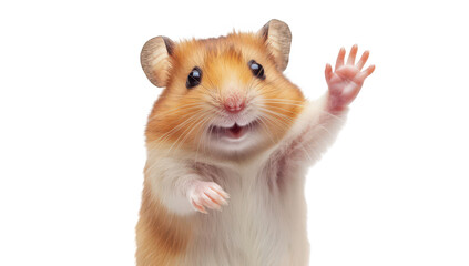 A cheerful hamster with a bright expression waving its paw in a studio setting. its playful nature against a simple white background. perfect for pet-related content