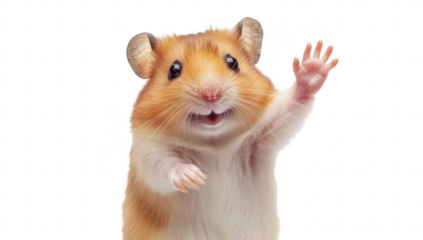 A cheerful hamster with a bright expression waving its paw in a studio setting. its playful nature against a simple white background. perfect for pet-related content