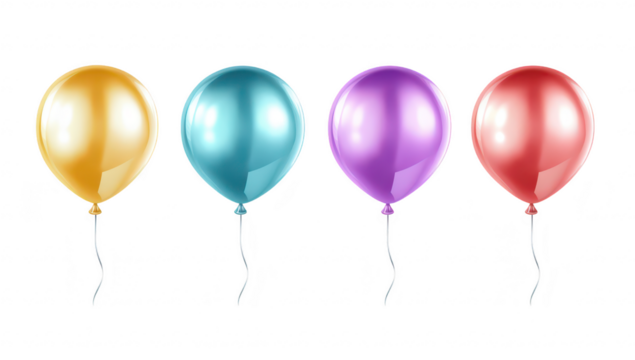 A collection of four glossy balloons in yellow. teal. purple. and red. each floating gently against a clean white background. ideal for festive celebrations or party decorations