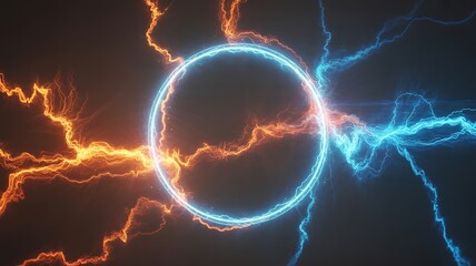 Vibrant glowing electric portal with swirling orange and blue lightning energy streams on a dark background