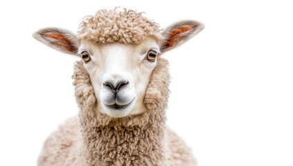 A close-up portrait of a fluffy sheep with curly wool and expressive eyes. set against a clean white background. ideal for agricultural themes. nature studies. or animal care content