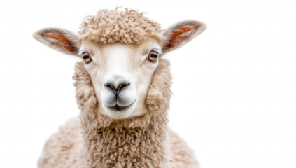 A close-up portrait of a fluffy sheep with curly wool and expressive eyes. set against a clean white background. ideal for agricultural themes. nature studies. or animal care content