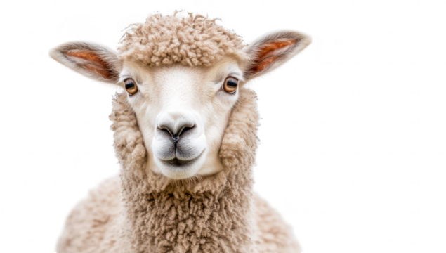 A close-up portrait of a fluffy sheep with curly wool and expressive eyes. set against a clean white background. ideal for agricultural themes. nature studies. or animal care content