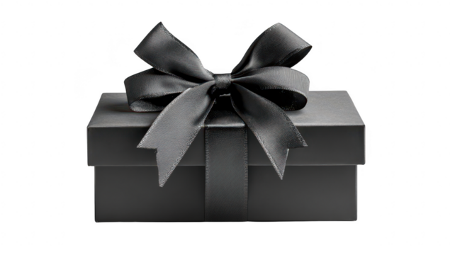 A beautifully wrapped black gift box with a sleek ribbon. set against a clean. white background. symbolizing elegance and anticipation for special occasions like birthdays or anniversaries