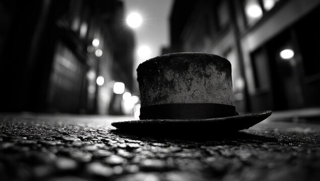 Fototapeta Lost top hat on city street at night