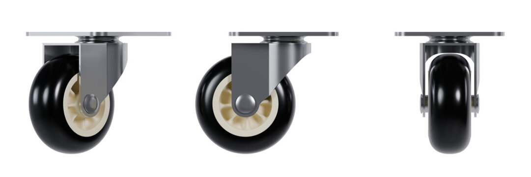 Set of trolley wheels 360 degrees, swivel castor, in three views, universal casters, rotating, wheelbarrow, furniture wheels, black, isolated on a transparent background