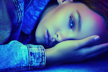 Teenage girl body language portrait lying down in denim jacket relaxed contemplative expression soft lighting