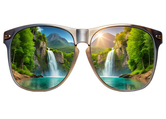 sunglasses reflect waterfall and mountain scene png image on transparent background
