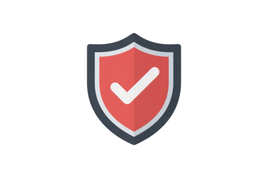 Red shield with a white checkmark, signifying security and protection. background removed