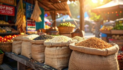 Burlap bags full of grains at marketplace during daytime in sunlight