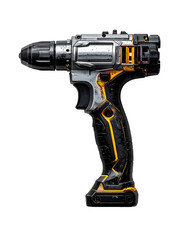 A cordless drill, gunmetal grey and black with yellow accents, sits angled against a black backdrop, showcasing its ergonomic grip and drill bit