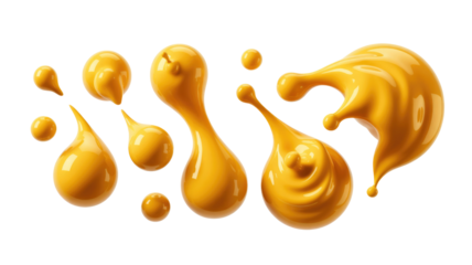 Abstract image of yellow liquid splashes and drops on a transparent background.  Perfect for design elements. background removed