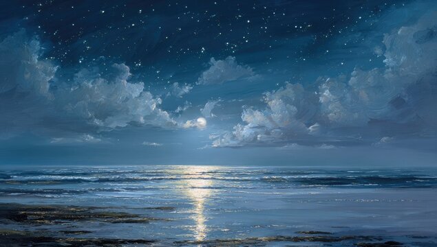 Night seascape, moonlit clouds, starry sky