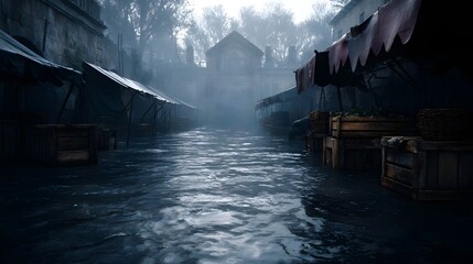 A gloomy fog laden marketplace is flooded with weathered stalls and water reflections under overcast skies