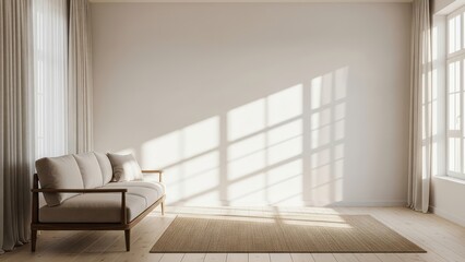 Fototapeta premium Minimalist living room with natural light, wooden accents, and sheer curtains