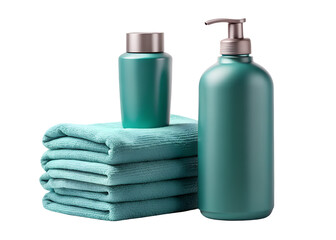 teal matte bottle mockup with folded towels png image on transparent background