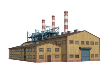 Old factory building with three red and white striped chimneys, isolated on transparent background. background removed