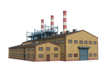 Old factory building with three red and white striped chimneys, isolated on transparent background. background removed