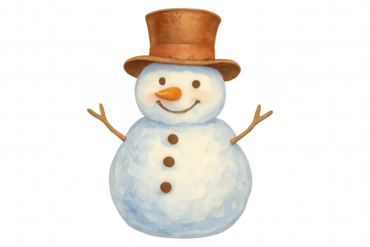 Happy snowman wearing top hat, smiling during winter holidays, celebrating christmas season with joy, transparent background
