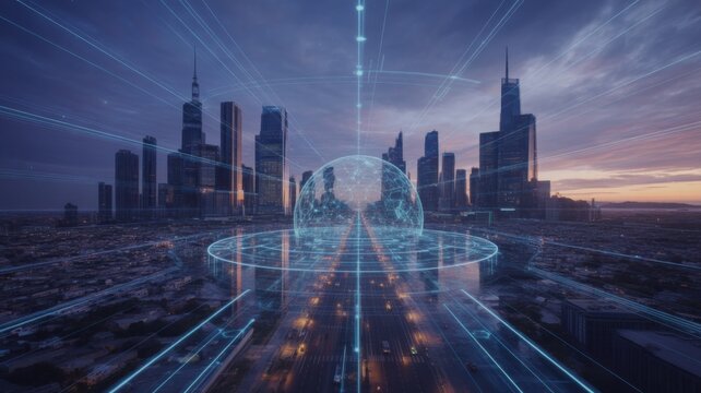 Futuristic Cityscape with Digital Globe and Network Connections