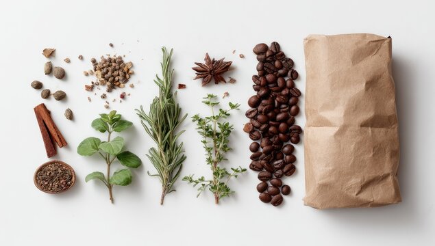 Spices, herbs, and coffee beans arranged on a white surface