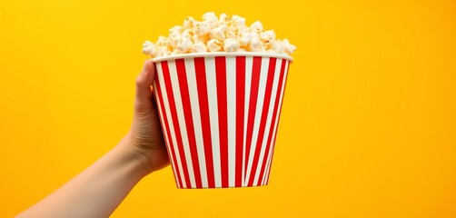 Close-up of hand holding large red striped bucket of popcorn on vibrant yellow-orange background,  red,   entertainment
