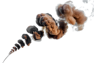 Abstract swirling smoke plume, dark grey and brown, isolated on transparent background. background removed