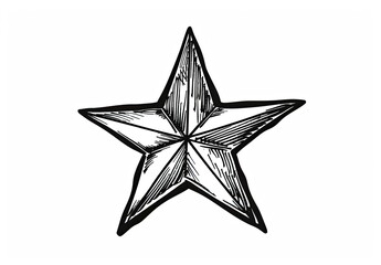 A detailed hand-drawn illustration of a five-pointed star, rendered in black ink on a white background, showcasing intricate linework and shading to create a three-dimensional effect