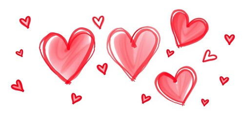 Crayon-style red hearts on white, playful unity pattern,  romantic,  illustration