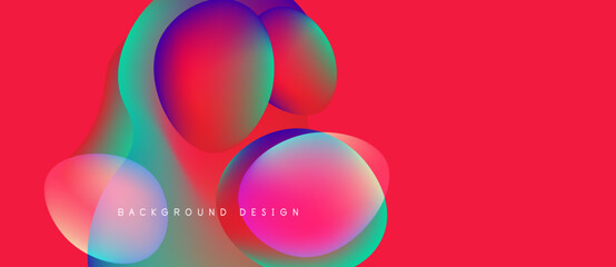 Abstract colorful shapes overlap on vibrant red backdrop. Modern design elements create fluid visual experience. Background text reads background design.