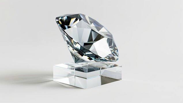 A brilliant-cut diamond rests on a clear, cubic pedestal against a stark white backdrop, showcasing its multifaceted brilliance and crystalline structure