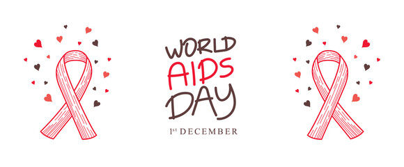 World AIDS Day illustration with red awareness ribbon, hand drawn sketch style, hearts decoration, and 1st December text for health awareness campaign