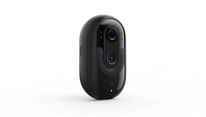 Fototapeta premium A sleek, black, oval-shaped security camera with dual lenses, subtly angled, sits on a plain white background, showcasing its modern design and compact form factor