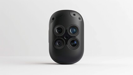 A sleek, black, ovular device with four integrated lenses, possibly a camera or sensor, rests on a minimalist white background.  Its smooth, matte finish suggests advanced technology