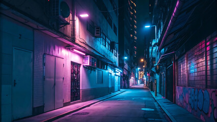 Fototapeta premium Neon-lit urban alleyway at night with vibrant purple and blue hues, graffiti art adorning walls, creating a cyberpunk atmosphere