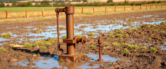 Rusty oil pump jack rhythmically pumps in a muddy rural field, against a scenic backdrop,   brown,  oil well
