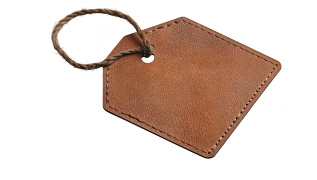 A close-up view of a brown leather tag with a twine loop. positioned on a clean white background. ideal for product labeling. gift tagging. or branding purposes