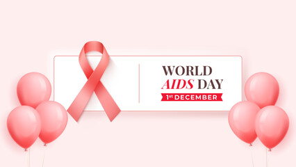 DESCRIPTION	KEYWORDS
World AIDS Day banner with red awareness ribbon, balloons, and 1st December text on pink background for health campaign and awareness