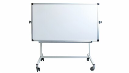 A freestanding, mobile whiteboard with a silver aluminum frame and a white writing surface rests on a wheeled stand