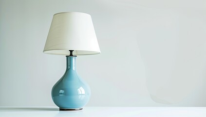A light blue ceramic table lamp with a white shade sits on a white surface against a light gray wall, showcasing its elegant and simple design