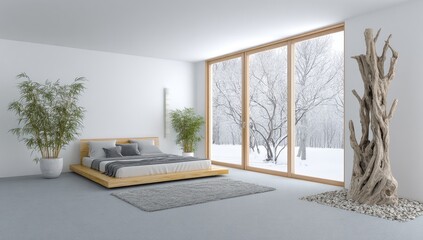 A serene winter bedroom showcases a minimalist design with a large window overlooking a snowy landscape.