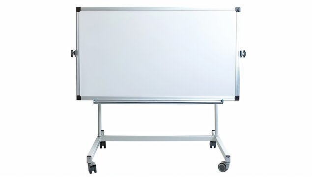 A freestanding, mobile whiteboard with a silver aluminum frame and a white writing surface rests on a wheeled stand