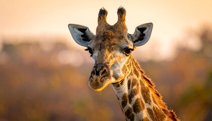 Obraz premium Majestic giraffe portrait against a warm sunset backdrop in the wild.