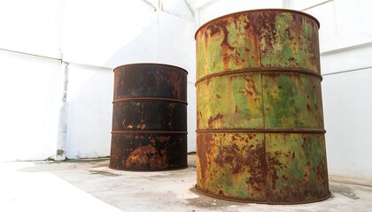 Rusty metal barrels on concrete