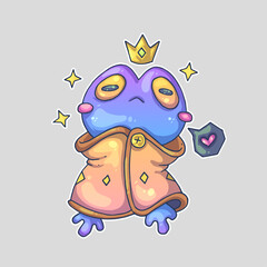 A cute, crowned frog in a royal robe with stars and a speech bubble with a heart, on a gray background. Cartoon vector character. Trendy style. Vector illustration.