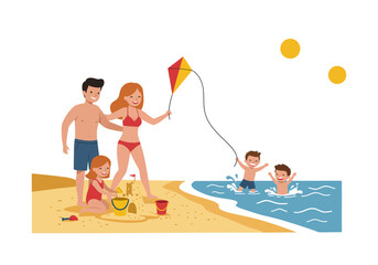 A family enjoys a beach outing with kite flying sandcastle building and swimming